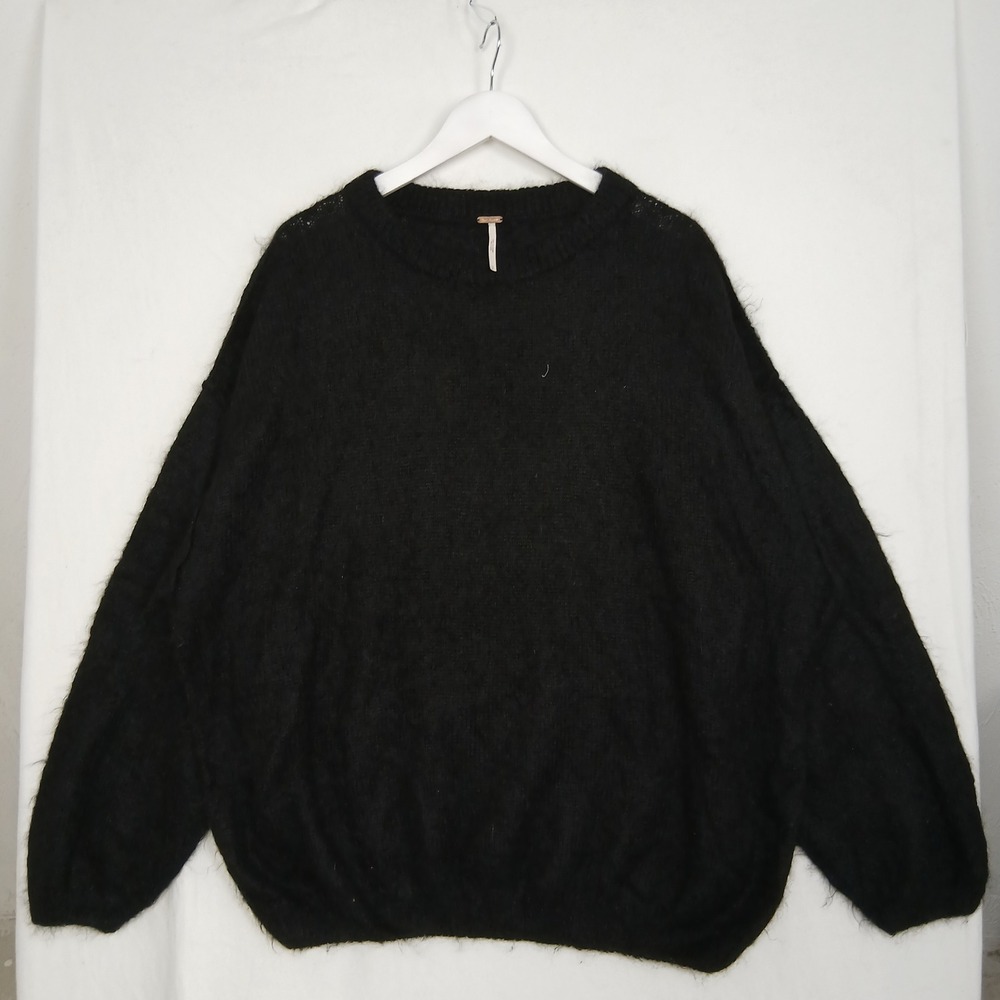 Free People Black Alpaca Blend Oversized Crewneck Sweater OB961987 Small